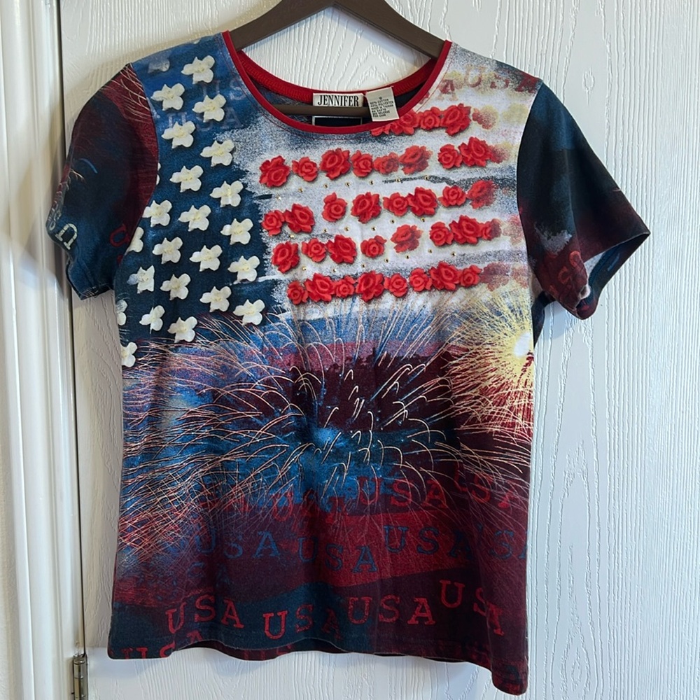 Jennifer Scott American Flag 4th Freedom Holiday Short Sleeve Shirt Women's SZ S